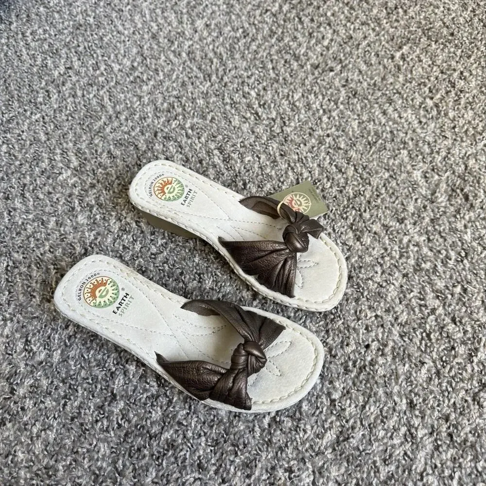 Earth Spirit Sandals Comfort Slip On Wedge Slides Shoe Size 7 Liberty Brown New